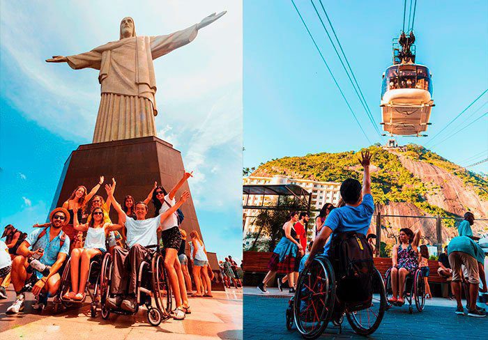 mounted image, with two photos. On the left is a group of people posing in front of the Christ the Redeemer statue, and on the right is the cable car from Pão de Açucar seen from below.